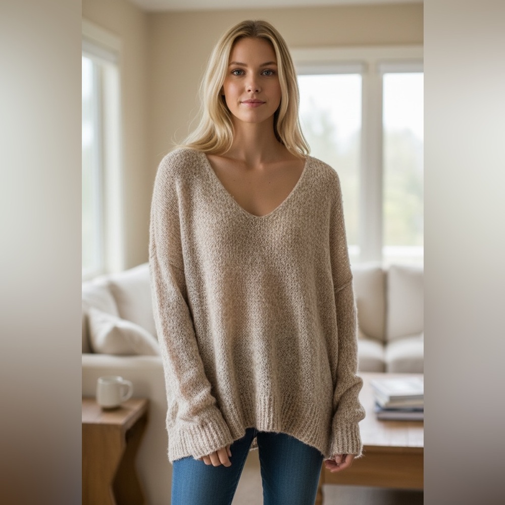 Free People Gossamer V-Neck Sweater Light Airy Alpaca Blend Knit Size Small